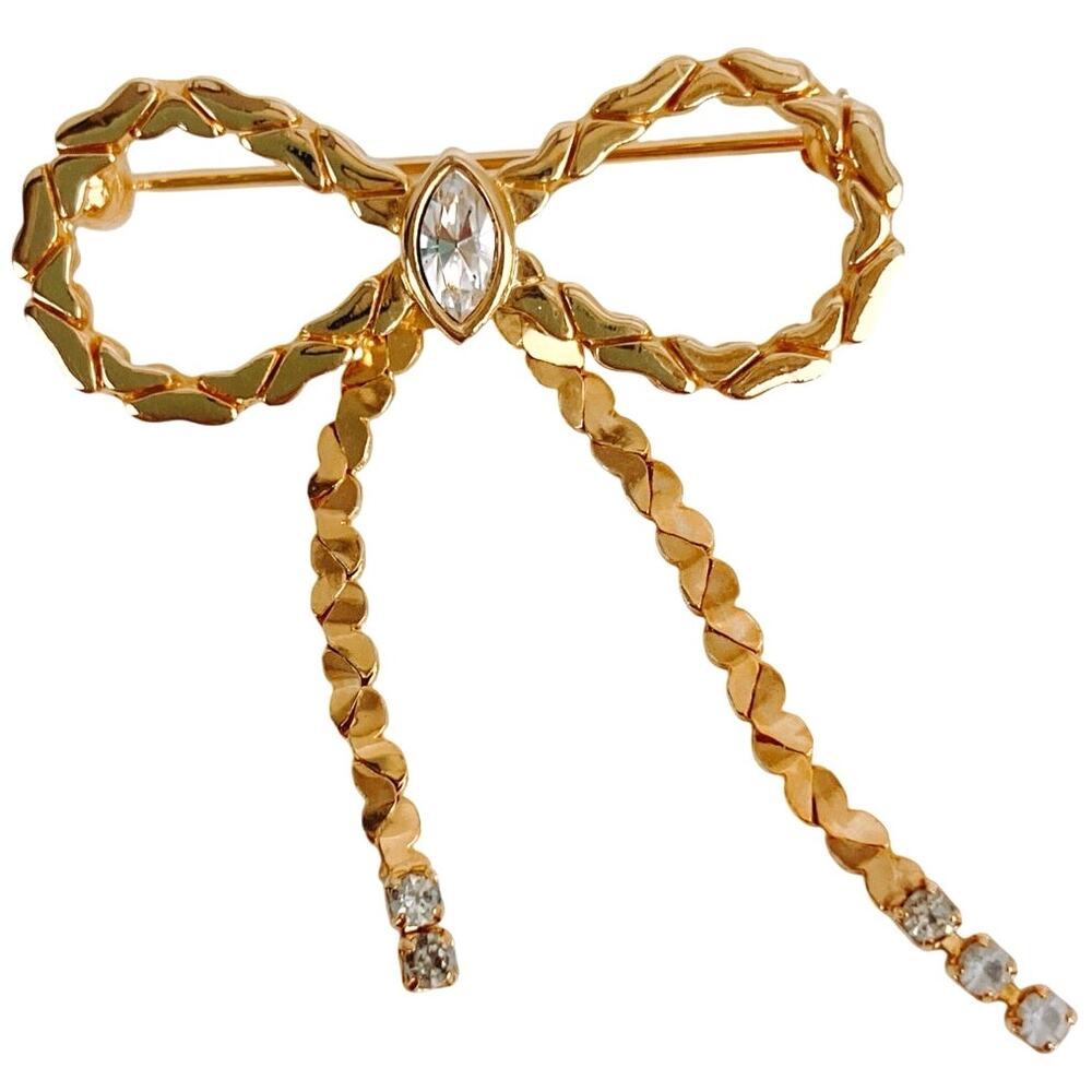 Vintage Signed Avon Clear Marquise Rhinestone Bow Brooch Gold Tone Ribbon Pin